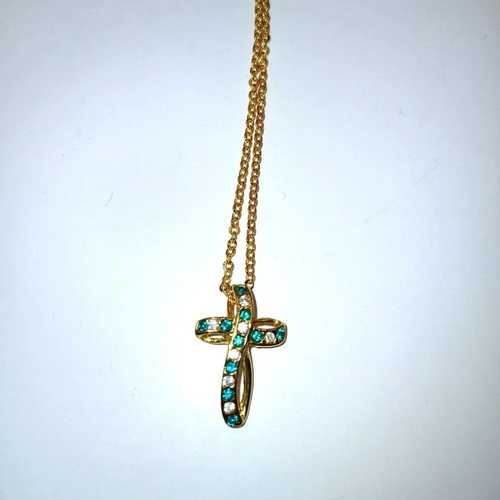 Cross Necklace 18K Gold Plated Genuine Austrian Crystal Blue December Birthstone